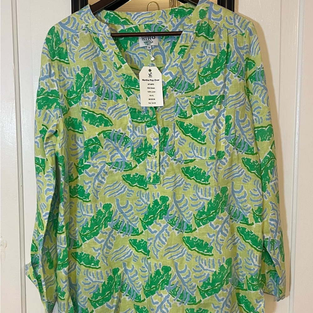 HiHo Martha Popover Vibrant Green and Blue Leaf Print Tunic